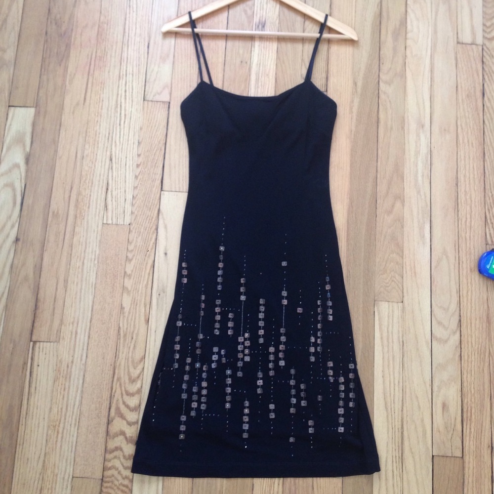 BCBGMaxAzria Y2K Spaghetti Strap Knit Dress with Leather Beading Black Size Smal
